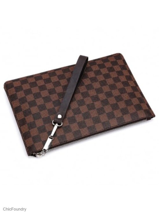 Handbags - PU Leather Checkered Clutch Bag Slim Business Document Holder Wrist Strap